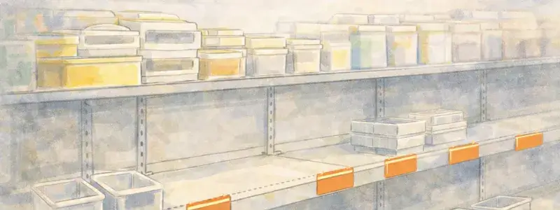 100均の店内棚をイラストで表現した画像。収納用品は並んでいるが、ワインクーラーが見当たらない様子を描いている