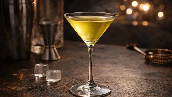アラスカのカクテル。透明感のある黄金色の一杯とシンプルな構図が、偽りのないまっすぐな気持ちや純粋さを表現したイメージ画像