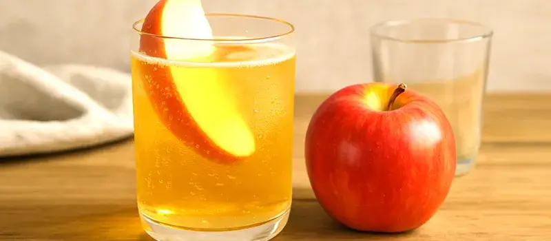 リンゴのスライスを浮かべた炭酸入りのアップルワイン。グラスの中には泡が立ち、隣には真っ赤なリンゴが添えられている。爽快感あふれる夏向けの飲み方をイメージした一枚。