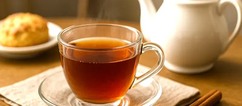 ティーカップに注がれたアップルワイン割の紅茶とティーポット、焼き菓子が並ぶテーブル。
上品で落ち着いたティータイムの風景。