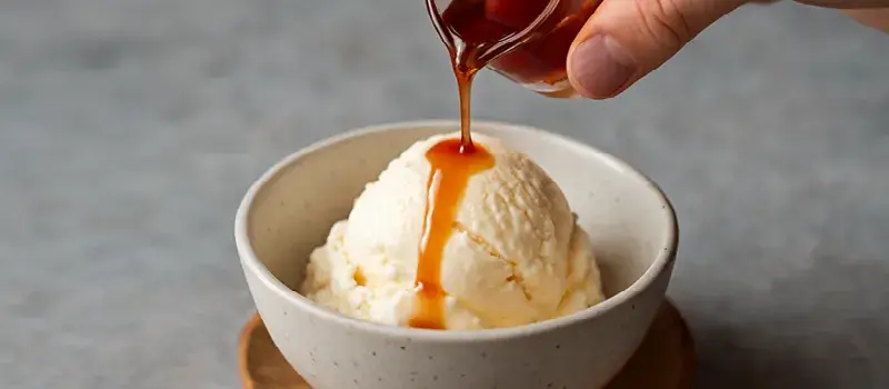 バニラアイスにアップルワインをかけている様子。濃厚な甘みと香りが広がる、贅沢なデザートスタイルのアレンジ例を表現した一枚。