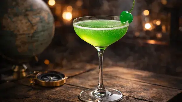 アラウンドザワールドのカクテル。鮮やかなグリーンの一杯と地球儀の背景が、新しい世界へ踏み出す冒険心や非日常のワクワク感を表現したイメージ画像