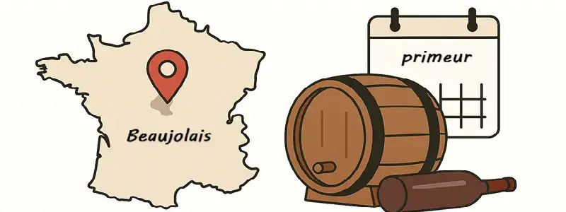 フランスの地図でボジョレー地区を示すピンと、ワイン樽とカレンダーでprimeur(新酒)のイメージを描いたイラスト。ボジョレー・ヌーボーと一般的なワインの違いを表している。
