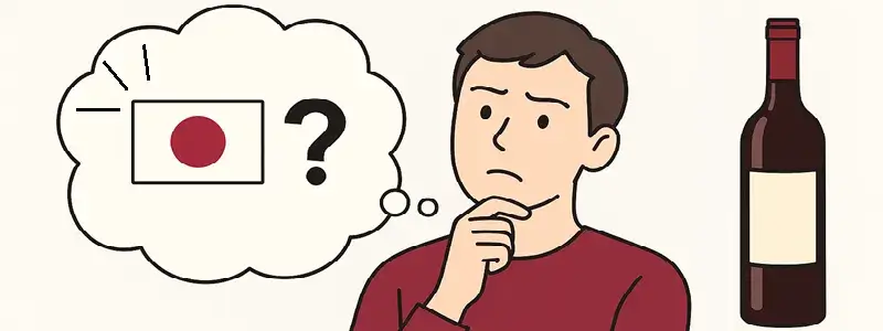 ボジョレー・ヌーボーが日本だけ盛り上がっていることに疑問を持つ30代男性のイラスト。吹き出しに日本の国旗とハテナマーク、横にラベルなしのワインボトル。
