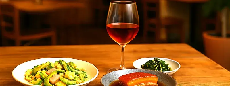 ビストロちゅらのテーブルに並ぶナチュラルワインと沖縄料理。ゴーヤチャンプルー、ラフテー、青菜の和え物に赤ワインが添えられ、ペアリングの魅力を伝える一枚。