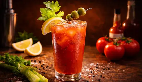 ブラッディ・メアリーのカクテル。鮮やかな赤色とスパイスの演出が、燃えるような想いと断固とした強さを感じさせる迫力のあるイメージ画像