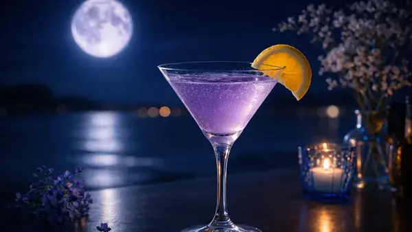 ブルームーンのカクテル。満月の夜に紫色に輝く一杯と白いバラが、叶わない恋や完全な愛を象徴する幻想的なイメージ画像