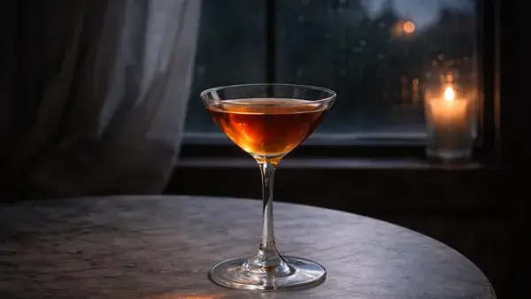 ボンベイのカクテル。ブランデーベースの琥珀色の一杯が雨の夜の窓辺に静かに置かれ、ひとりにしないでという不安や寄り添いを求める繊細な気持ちを表現したイメージ画像