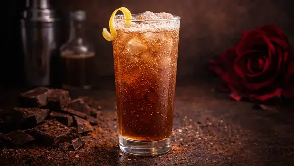 カカオ・フィズのカクテル。淡いブラウンの炭酸が弾ける一杯とレモンピールが、恋する胸の痛みをやさしく表現した爽やかで切ないイメージ画像