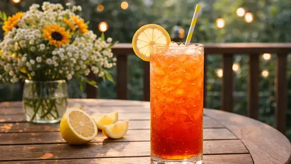 カリフォルニアレモネードのカクテル。赤みがかったオレンジの爽やかな色合いと自然光のやさしい雰囲気が、永遠の感謝や穏やかな関係性を表現したイメージ画像