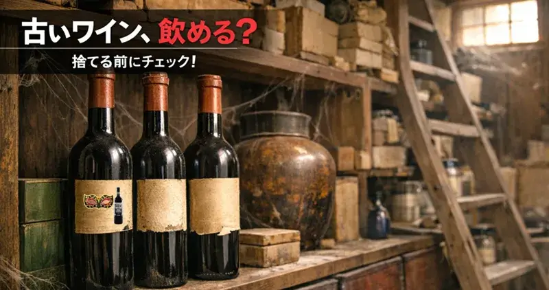 蔵の棚に眠っていた古いワインボトル3本を発見したイメージ