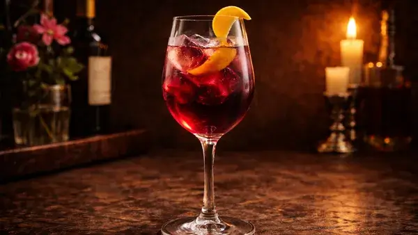カーディナルのカクテル。深い赤色の一杯と柔らかな光が、優しい嘘を連想させる上品で落ち着いた雰囲気のイメージ画像