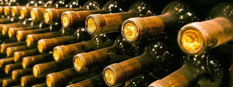 地下セラーで長期熟成されるシャンパンボトルが静かに並んでいる様子。