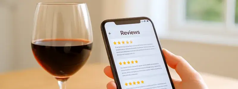 スマホでワインの口コミをチェックしている手元と、隣に置かれた赤ワインのグラスが写った写真