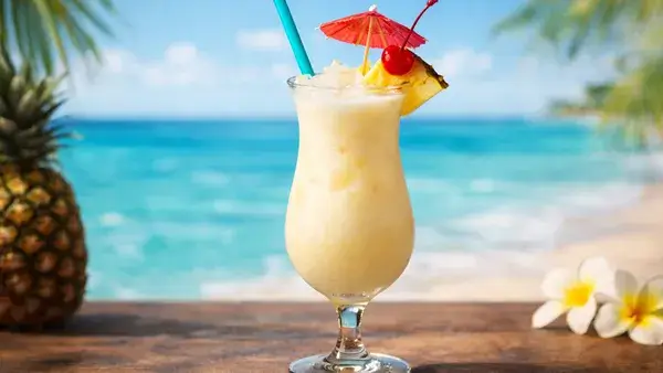 チチのカクテル。南国のビーチを背景にしたクリーミーなトロピカルドリンクが、肩の力を抜いて楽しむ軽やかさと陽気な気分を表現したイメージ画像
