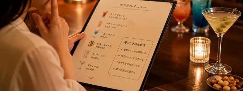 カクテル言葉の注意点をイメージした画像。女性がカクテルメニューを見ながら選び方を考えているシーン