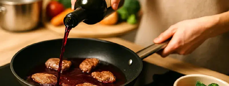 赤ワインをボトルから直接フライパンに注ぎ、料理に使っている様子。