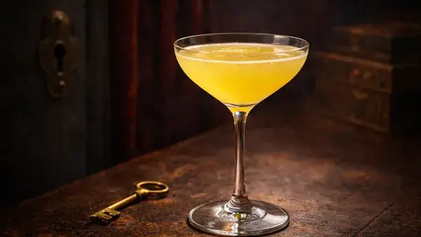 コペンハーゲンのカクテル。淡い黄色のやさしい色合いと落ち着いた暗めの空間が、周囲には見せない秘密の愛や隠された想いを表現したイメージ画像