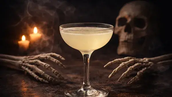 コープス・リバイバーのカクテル。淡い黄色の一杯とスカルの演出が、死んでも離れない強い想いを表現した幻想的なイメージ画像