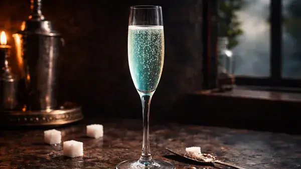 デス・イン・ジ・アフタヌーンのカクテル。フルートグラスに注がれた淡い青緑色の一杯が泡立ち、衝動的な魅力を感じさせるイメージ画像