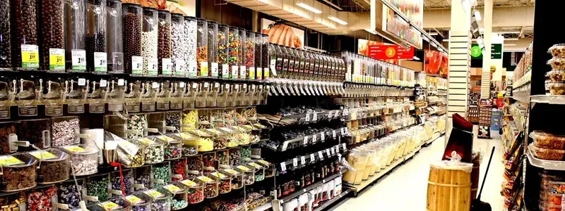 ドン・キホーテや成城石井のような店内の通路に、さまざまな商品が並ぶ売場のイメージ。プラスチック製ワイングラスを探す場面を想起させる写真。