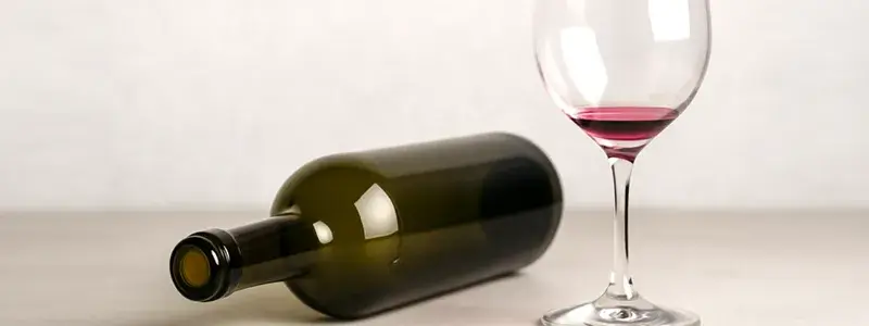 ワイン一本を飲み終えた空のボトルとグラスが並ぶ写真。