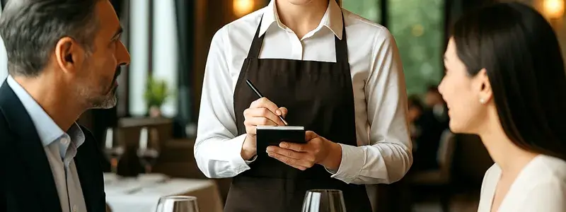 高級レストランで、ウェイトレスが丁寧にお客様のオーダーを取っている様子