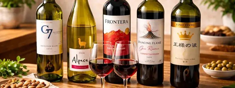 フロンテラを含む同価格帯デイリーワインの比較イメージ。アルパカ、G7、ダンシングフレイム、王様の涙と並べた実飲用のワインボトルとグラス。