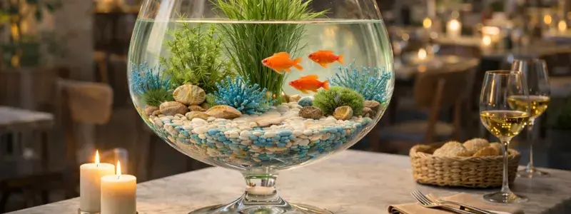 ゆうたろうのワイングラスを金魚鉢として活用し、地中海風デザインでまとめたおしゃれなインテリアの様子