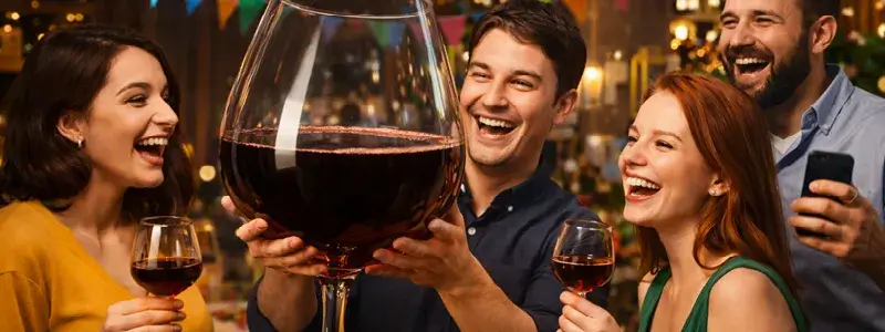 パーティー会場でゆうたろうのワイングラスを囲み、笑いながら写真撮影を楽しむ人たちの様子