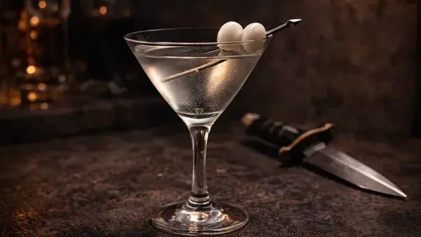 ギブソンのカクテル。透明な一杯とカクテルオニオンが、嫉妬と決心という相反する感情を象徴する静かな緊張感のあるイメージ画像