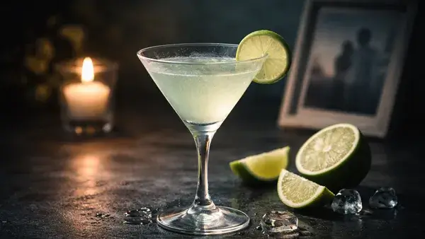 ギムレットのカクテル。ライムを添えた淡いグリーンの一杯とキャンドルの光が、別れや会えない人を想う切ない雰囲気を演出する画像