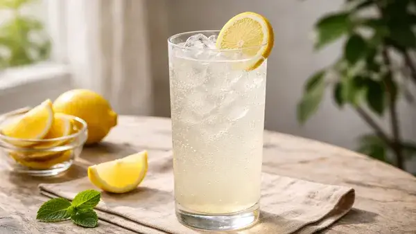 ジンフィズのカクテル。淡く透き通った色と自然光のやさしい明るさが、ありのままの姿や飾らない関係を表現したシンプルで爽やかなイメージ画像