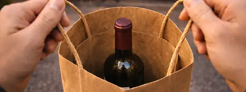 紙袋に入ったワインボトルを両手で持ち上から見下ろした、ガストのワイン持ち帰りをイメージした写真