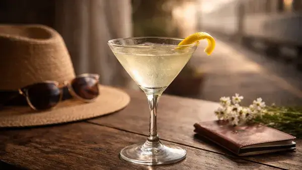 ジプシーのカクテル。淡い色合いの一杯と旅の小物が並び、しばしの別れや再会までの余韻を感じさせるイメージ画像