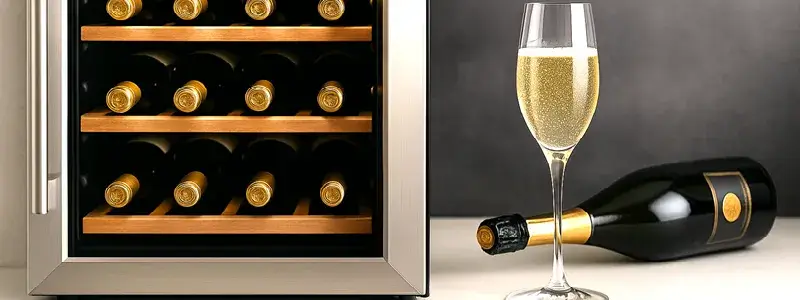 自宅用の小型ワインクーラーに並べられたシャンパンボトルと、横に置かれたシャンパングラス。適切な温度で保管された高級シャンパンのイメージ。