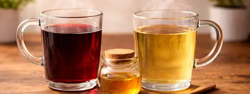 赤ワインと白ワインのはちみつホットワインを耐熱ガラスのマグカップで並べた写真