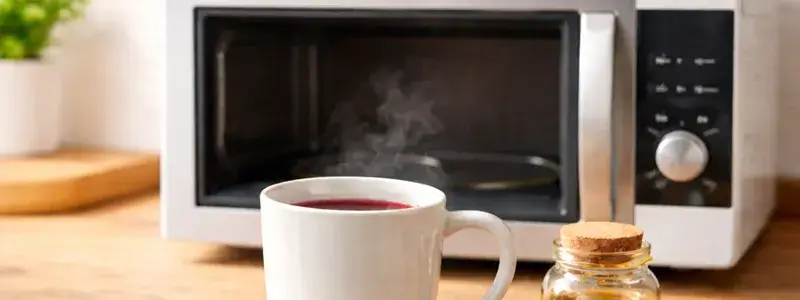 電子レンジで温めたホットワインとはちみつとスプーンを並べた簡単レシピのイメージ