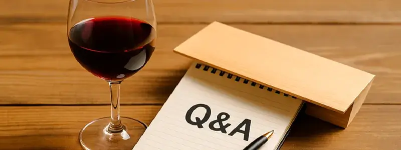 赤ワインのグラスと、Q&Aと書かれたメモ帳が置かれたテーブルの写真。メルシャンワインの疑問に答えるセクション用のイメージ