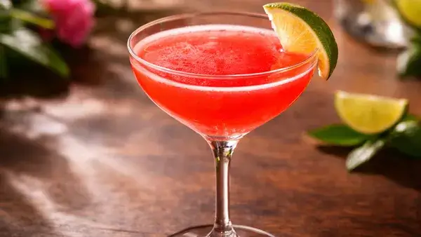 ジャックローズのカクテル。鮮やかな赤色と明るい光に包まれた一杯が、恐れを知らず前向きに進む冒険心と軽やかなエネルギーを表現したイメージ画像