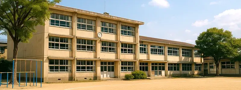 校庭から見た日本の小学校の校舎。砂の運動場と鉄棒が並び、昭和から平成を思わせる懐かしい学校風景。