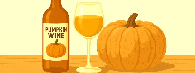 かぼちゃを使ったワインのボトルとワイングラス、横に置かれたかぼちゃが並ぶイラスト