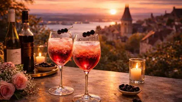 キールのカクテル。白ワインとカシスが混ざる美しい赤のグラデーションとフランスの夕景が、最高のめぐり逢いと陶酔を感じさせるロマンチックなイメージ画像