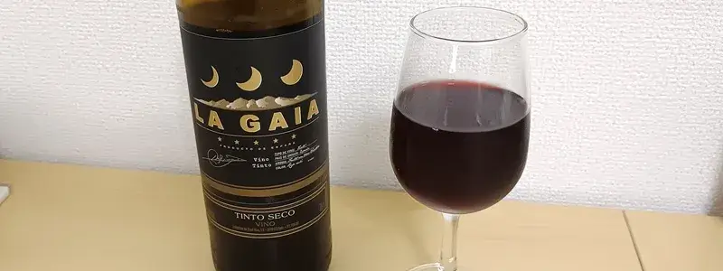 クリエイトSDで購入した「ラ・ガイア ティント」を実際に飲んだレビュー写真。グラスに注いだ赤ワインとボトルを並べた家飲みの様子