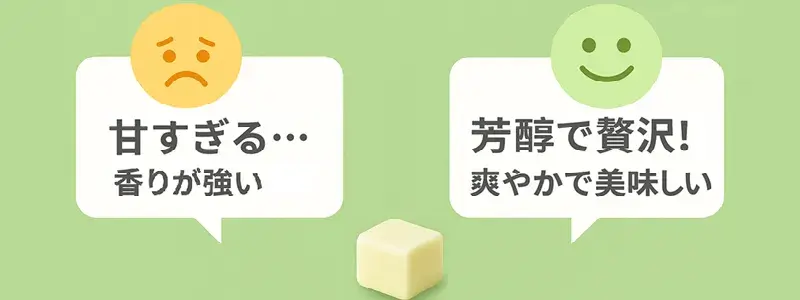ルタオのナイアガラに関する口コミの賛否を表すイメージ。『甘すぎる、香りが強い』という否定的な声と、『芳醇で贅沢、爽やかで美味しい』という肯定的な声の両方がある