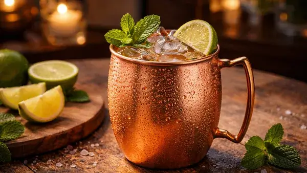モスコミュールのカクテル。銅製マグに入った爽やかな一杯とライムの香りが、その日のうちに仲直りできる軽やかな関係性を表現したイメージ画像