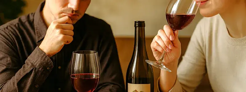 ナチュラルワインのグラスを前に、首をかしげて戸惑う男性と、香りを楽しむ女性が向かい合って座る様子。ナチュラルワインが苦手な人とハマる人の対照を表現した写真。