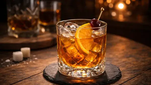 オールドファッションドのカクテル。ウイスキーの深い琥珀色とシンプルな構成が、流行に流されない我が道を行く強さとクラシックな魅力を表現したイメージ画像