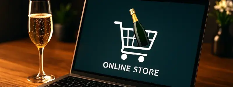 オンラインストア画面にシャンパンボトルがカートに入って表示されているノートPCとグラスの写真。