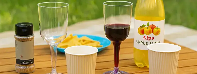 木製のピクニックテーブルに、プラスチック製の使い捨てワイングラスや紙コップ、スパイス、グレープジュースなどが並ぶアウトドアのイメージ。